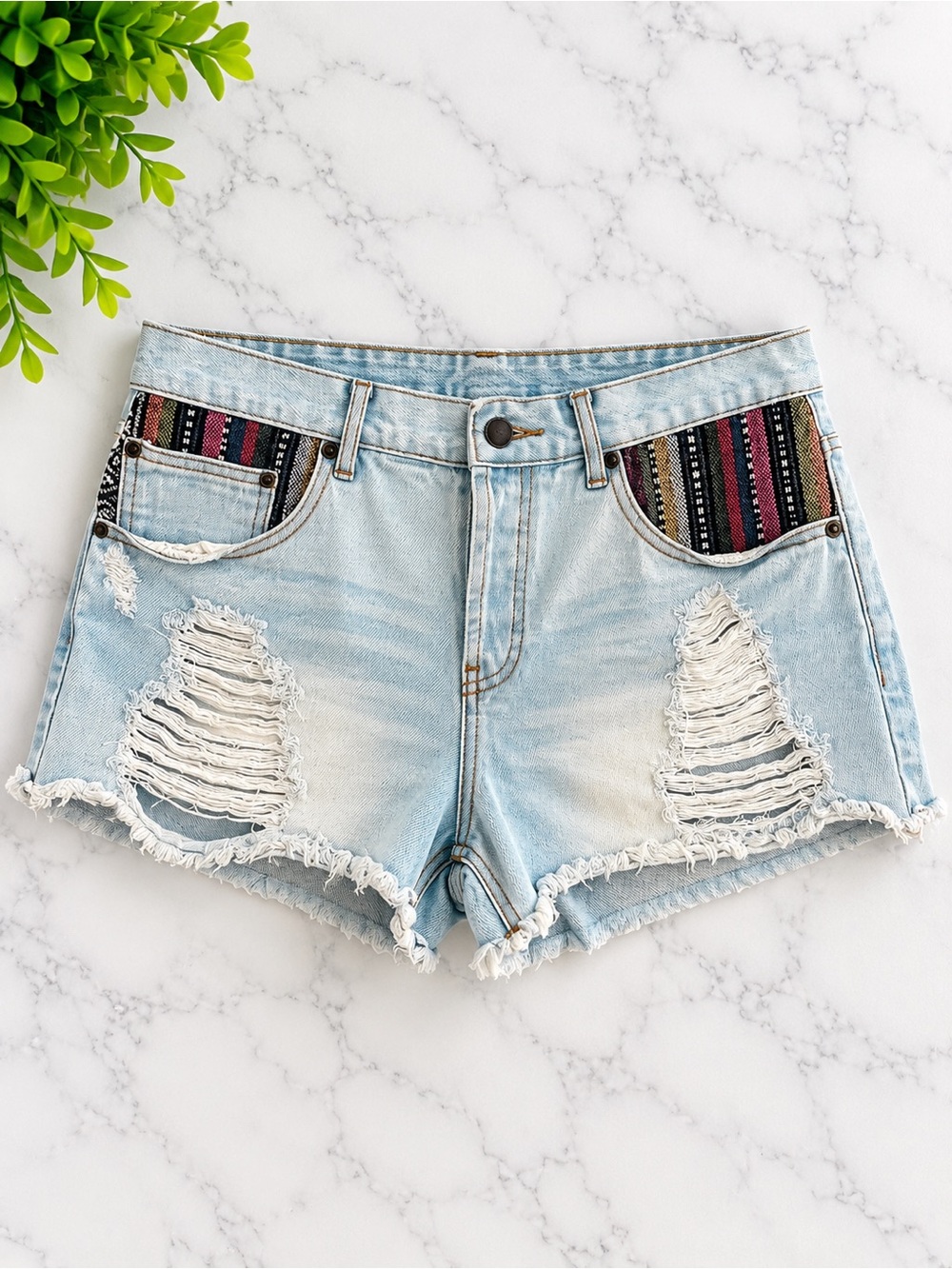 Forever 21 Distressed Denim Shorts Boho Woven Pocket Cutoff Jean Shorts